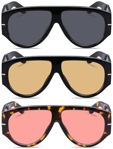 YMRFW Gafas de sol estilo aviador retro de gran tamaño para mujeres y hombres, tendencia de los años 70, gruesas, clásicas, estilo vintage, Paquete de 3 (negro/gris+negro/champán+tortuga/rosa)