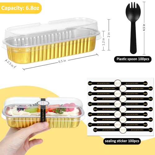 EgticHome Mini moldes para pan con tapas y cucharas (paquete de 100, dorado, 6.8 onzas) rectangulares de papel de aluminio para hornear