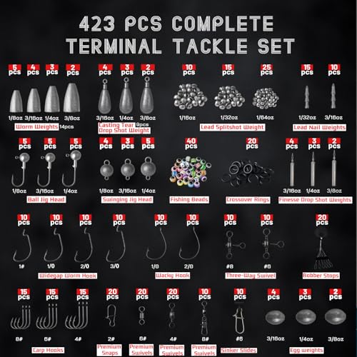 Vipfish Kit de accesorios de pesca, caja de aparejos de pesca 264/423 piezas con ganchos, pesas, plomos para trucha lubina, regalos para hombres, niños