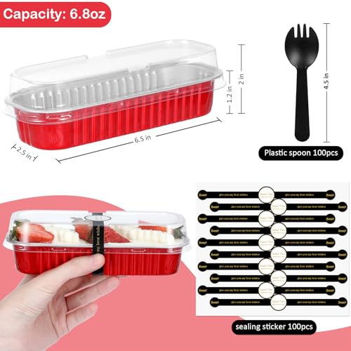 EgticHome Mini moldes para pan con tapas y cucharas (paquete de 100, rojo, 6.8 onzas) rectangulares de papel de aluminio para hornear