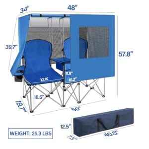 PLKO Silla de camping doble portátil con pantalla de toldo, sillas de playa resistentes para adultos, silla de playa plegable con bolsa enfriadora para deportes, patio trasero, pesca al aire libre