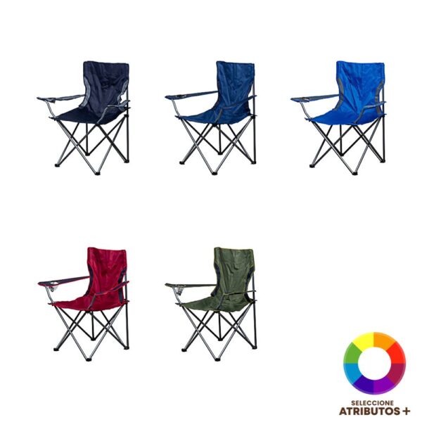 Silla plegable de tela marca Thunder modelo Aer5879 abierta y junto a su estuche de transporte para camping.