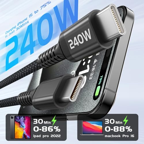 QQLIKE Cable USB C, (6 pies, 2 unidades) de 240 W USB C a C de carga rápida, cable de carga C trenzado tipo C para iPhone 17, 16, 15 Pro Max, compatible con portátiles Samsung S24, S23, S21, Note 10