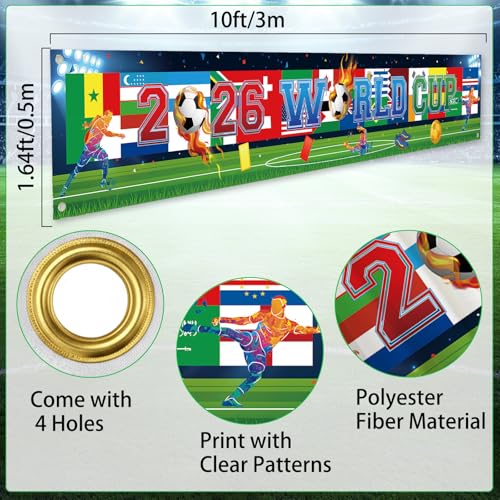 Pancarta de fondo de fútbol con banderas de campo, escaparate de trofeos de fútbol, copa mundial, decoración de fondo para patio, jardín, bar, restaurante, fiesta en casa, 118 x 20 pulgadas