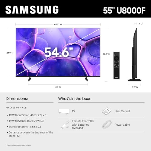 Samsung Smart TV Crystal UHD U8000F 4K de 55 pulgadas (modelo 2025) Contenido gratuito sin fin, procesador de cristal 4K, diseño MetalStream, Knox Security, compatible con Alexa