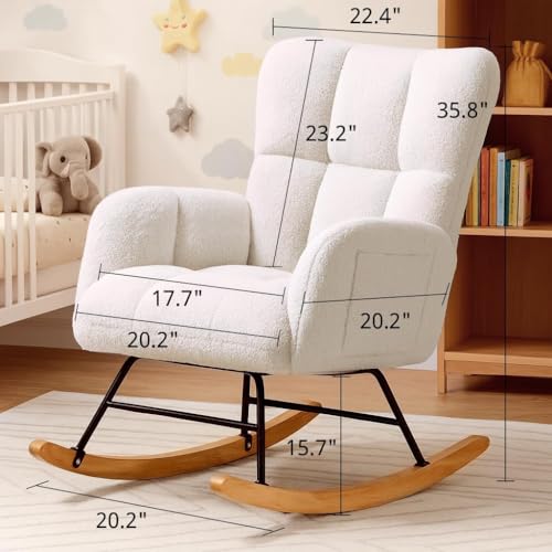 COMHOMA Mecedora para guardería, mecedora tapizada de peluche con bolsillos laterales, silla decorativa con respaldo alto, silla de lectura para adultos, guardería, dormitorio, sala de estar, oficinas (blanco)