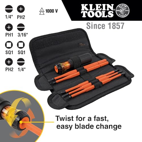 Klein Tools 32288 Destornillador aislado, juego de destornilladores 8 en 1 con cuchillas intercambiables, 3 Phillips, 3 puntas ranuradas y 2 puntas cuadradas