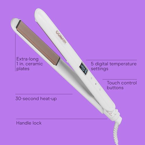 Conair - Plancha de cerámica doble, plancha plana de 1 pulgada, 5 ajustes de temperatura digital hasta 410°F, placas extra largas, para todo tipo y textura de cabello, color blanco