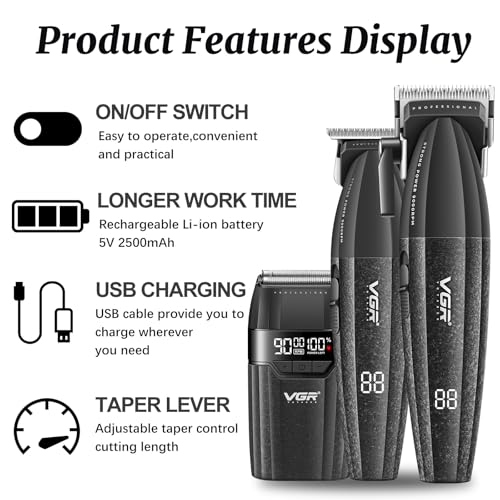 VGR 640S3 Kit Profesional de Corte de Cabello 3 en 1, 9000RPM Cortapelos para Hombres Recortadora de Cabello Profesional y Conjunto de Afeitadoras de Lámina, Combo de Barbero Inalámbrico para Hombres