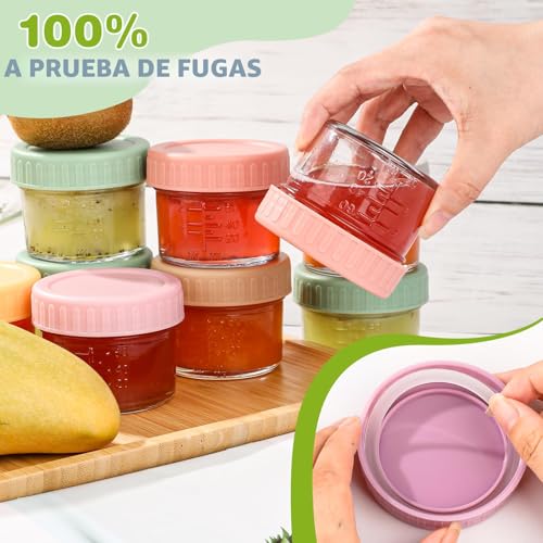 RowinsyDD Paquete de 16 recipientes de vidrio para almacenamiento de alimentos para bebés, tarros de comida para bebés a prueba de fugas de 4 onzas con tapas, recipientes pequeños de vidrio para bebés