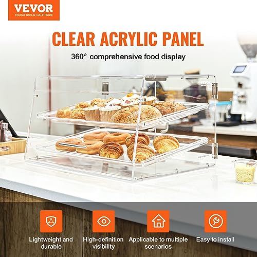 VEVOR Estuche de exhibición de pastelería, 2 niveles, vitrina comercial de panadería, caja de exhibición de acrílico con acceso a la puerta trasera y estantes extraíbles, mantiene fresco para rosquillas, bagels y galletas, 20.7 x 13.2 x 11.9 pulgadas