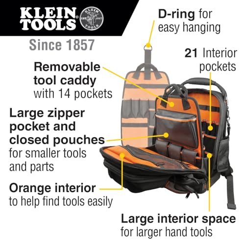 Klein Tools 55485 Mochila de bolsa de herramientas, mochila duradera para electricista con 48 bolsillos para herramientas manuales, parte inferior impermeable, transportador extraíble