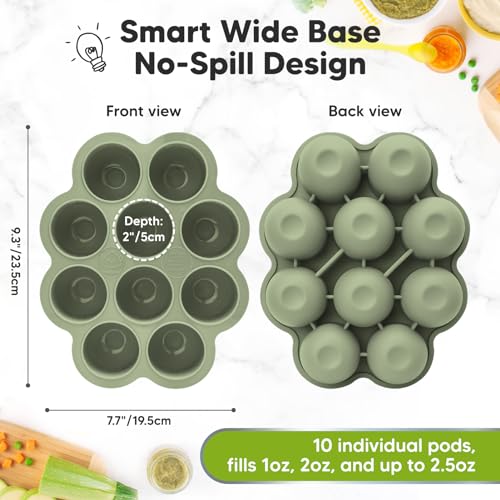 KeaBabies Bandejas de silicona para congelador de alimentos con tapa, 2 onzas x 10 vainas, recipientes de almacenamiento de alimentos para bebés, fácil preparación de comidas de puré, moldes de silicona para congelador de leche materna, aptos para lavavajillas, microondas, sin BPA (salvia)