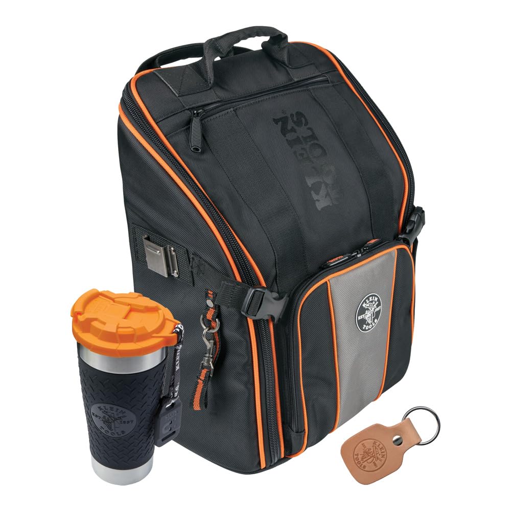 Kit de herramientas Klein Tools 80062 con mochila Tradesman Pro de 21 bolsillos, vaso aislante y llavero de piel, 3 piezas