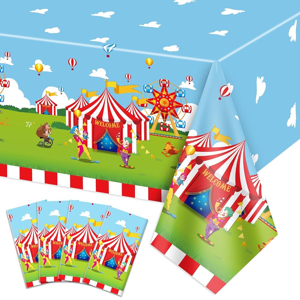 Manteles QUERICKY con temática circense, 51 x 87 pulgadas, de plástico, desechables, rectangulares, de carnaval, mantel a rayas rojas y blancas para fiestas de cumpleaños infantiles, artículos para fiestas de carnaval