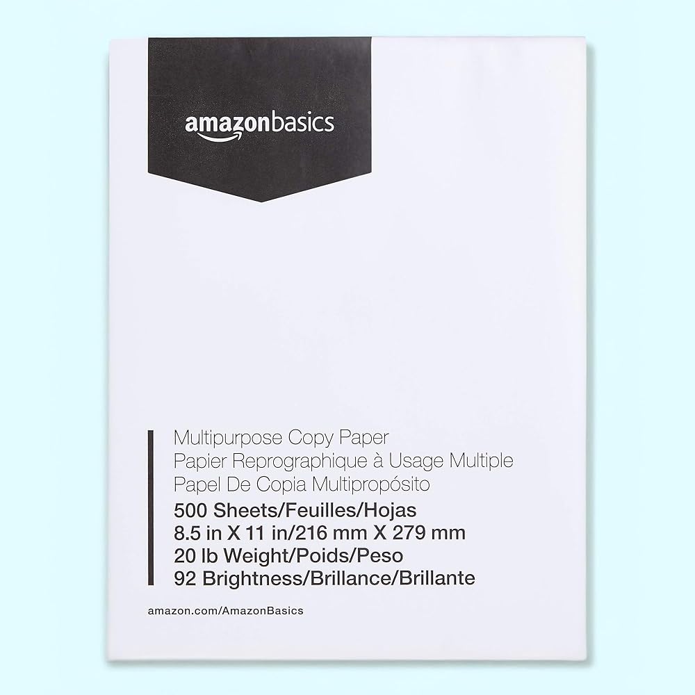 Papel multipropósito para fotocopias Amazon Basics, 8.5 x 11 pulgadas, 20 libras, 92 unidades brillantes, blanco, 1 resma (500 hojas), sin atascos