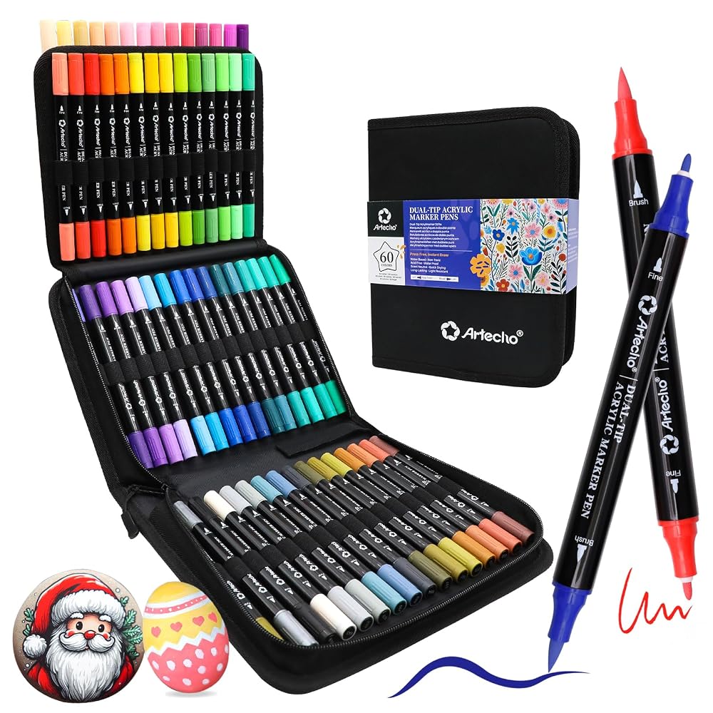 Artecho Acrylic Paint Markers 60 Colors with Bag（ Brush Tip and Fine Tip ）