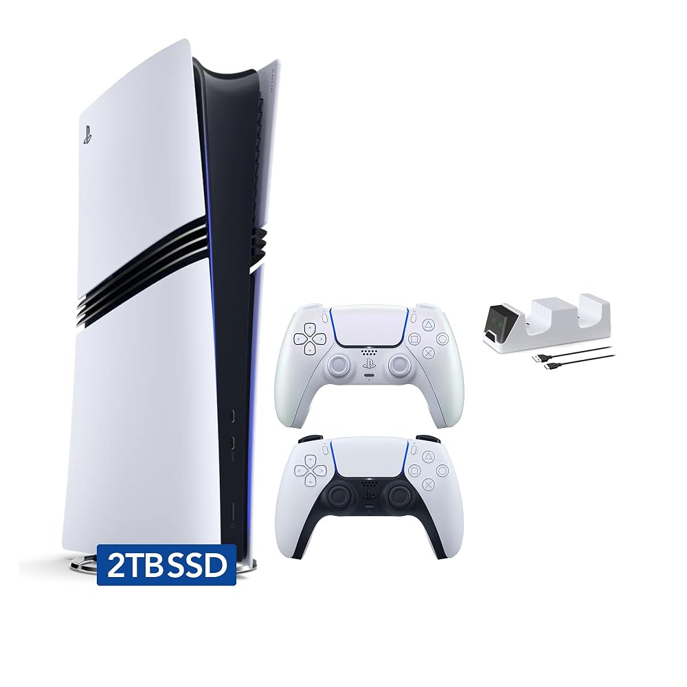 Consola digital Sony PlayStation 5 Pro SSD de 2 TB con dos controladores, blanco y Chroma Pearl DualSense y cargador de doble mando, consola PS5 Pro insignia
