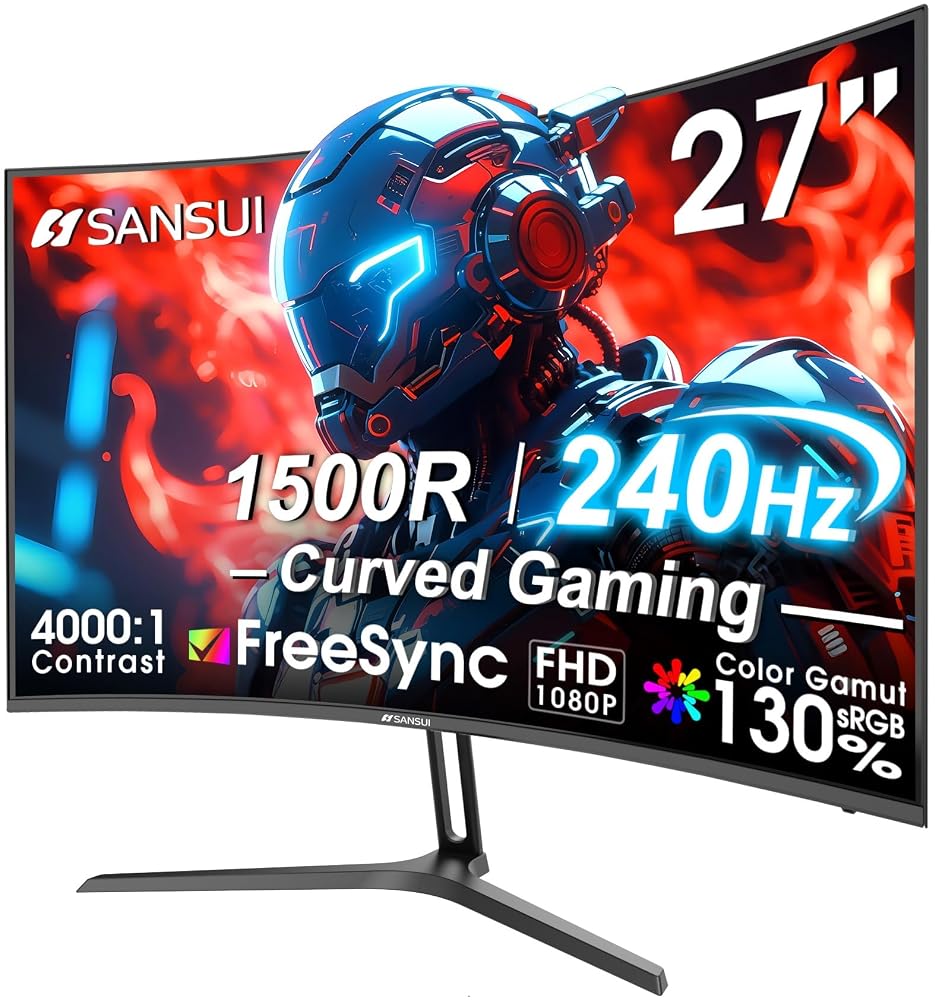 Monitor SANSUI para juegos curvo de 27 pulgadas y 240 Hz, FHD 1080P, monitor de ordenador con curva 1500R, 130% sRGB, contraste de 4000:1, HDR, FreeSync, MPRT de 1 ms, luz azul baja, puertos HDMI DP, soporte metálico, cable incluido